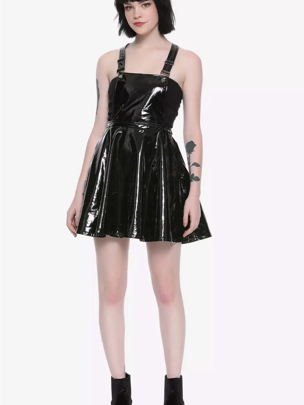 Hot Topic Patent Faux Leather Black Pinafore Mini Dress M